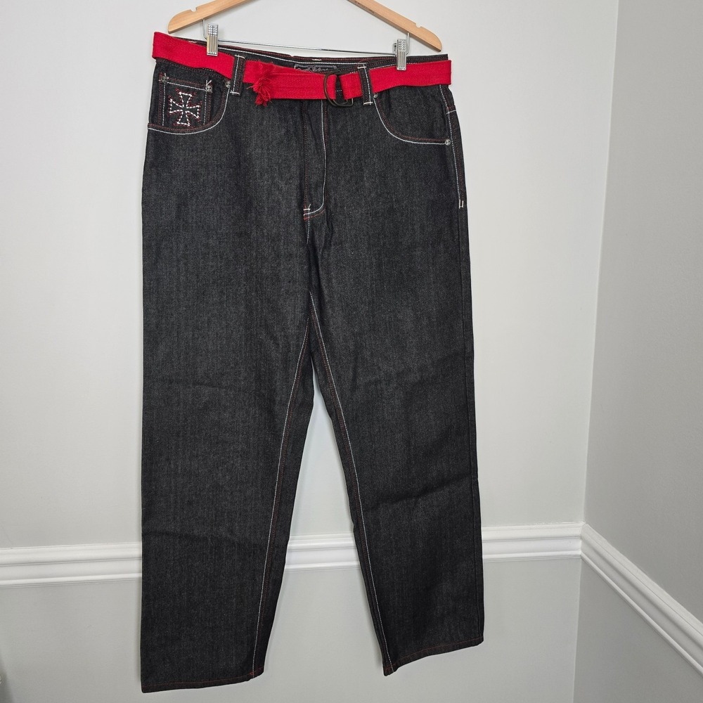 Vintage Y2K Jinzu Mens Baggy Hip Hop Punk Jeans Size 38x32 Black Rigid Red Cross - Picture 6 of 10